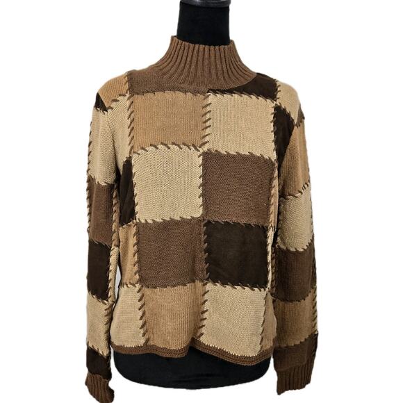 Harolds Linen Cotton Mock Neck Patchwork Sweater Cropped Brown Retro MED 70s Hip - Picture 2 of 11